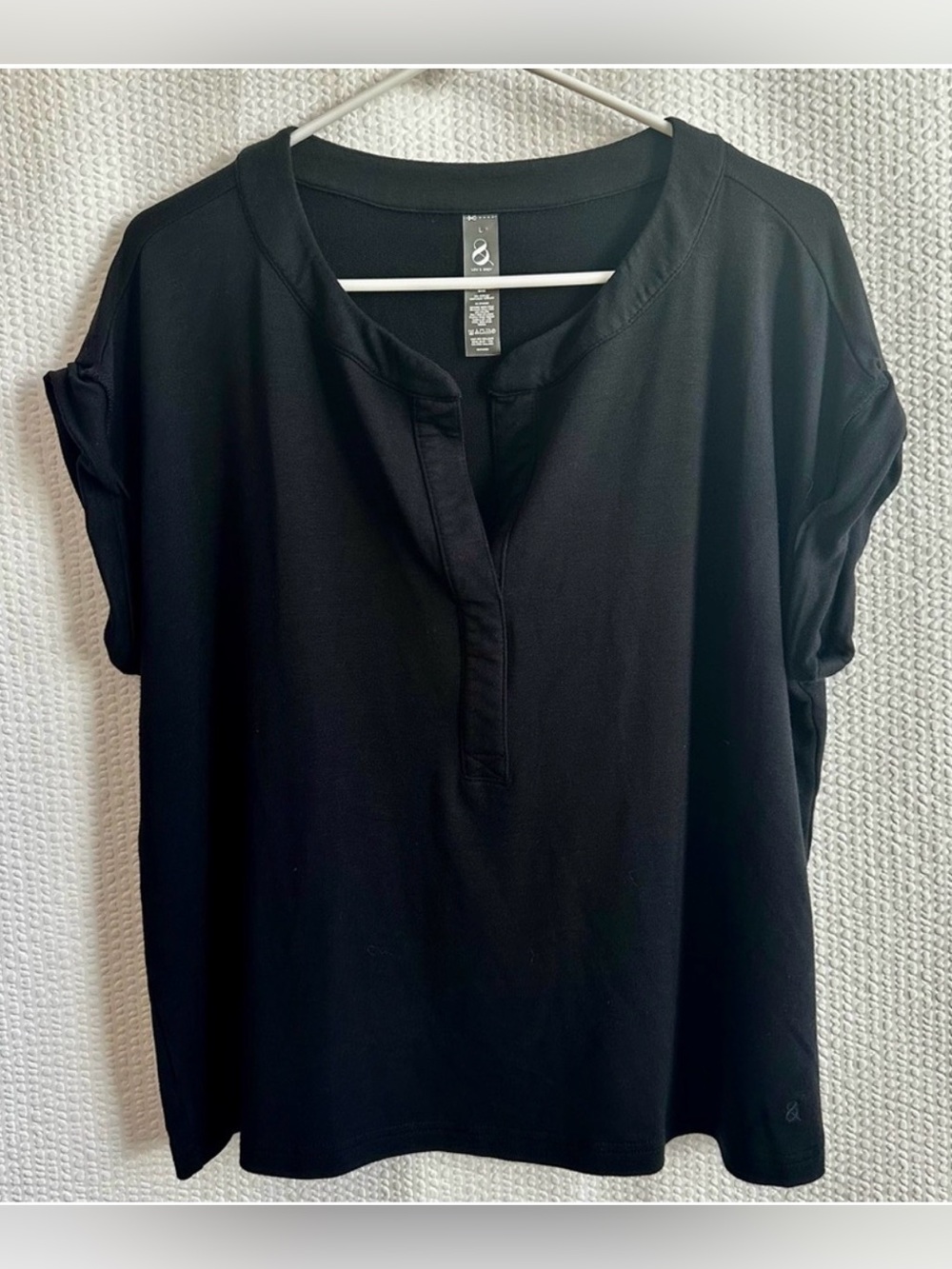 Lou & Grey Black Cap Sleeve Blouse Split V Neck Relaxed Fit Casual Work Top Larg